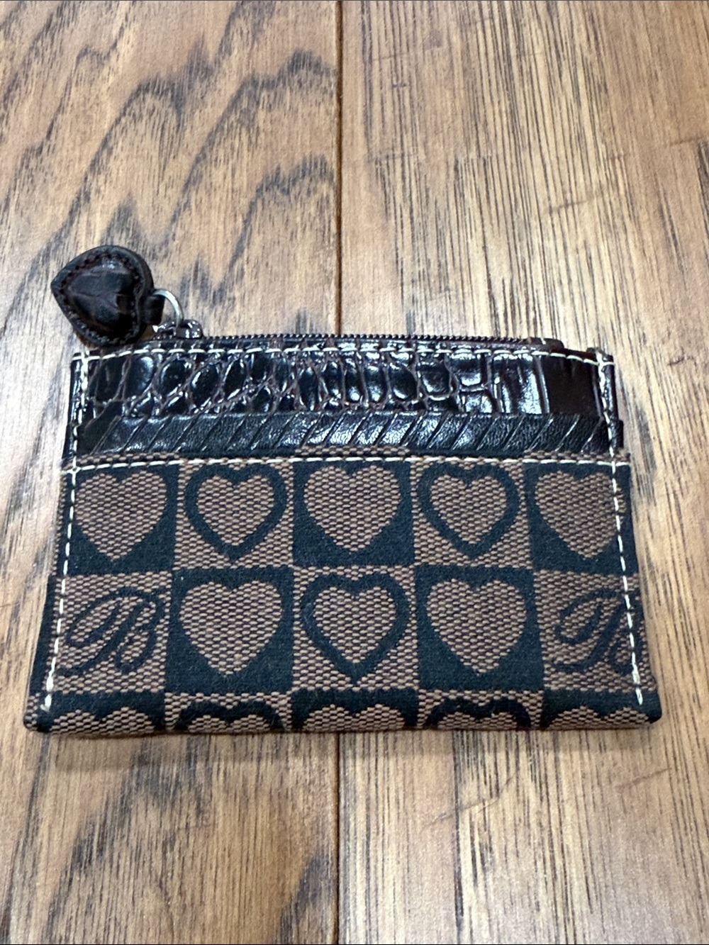 Brighton Vintage Brown Leather and canvas heart Card & Coin Wallet